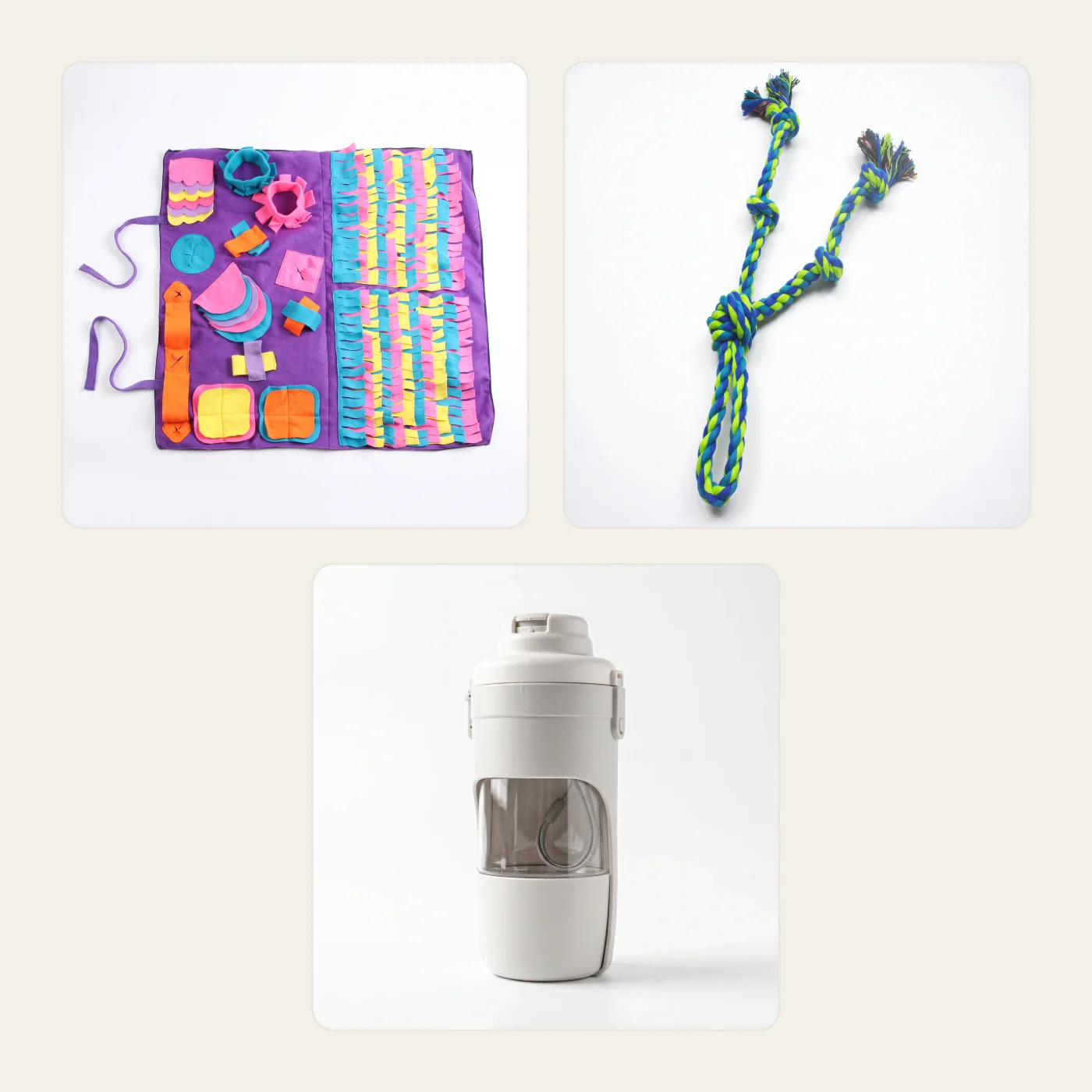 What's in the Puppy Starter Pack: a purple snuffle mat, a blue rope tug and a grey travel bottle